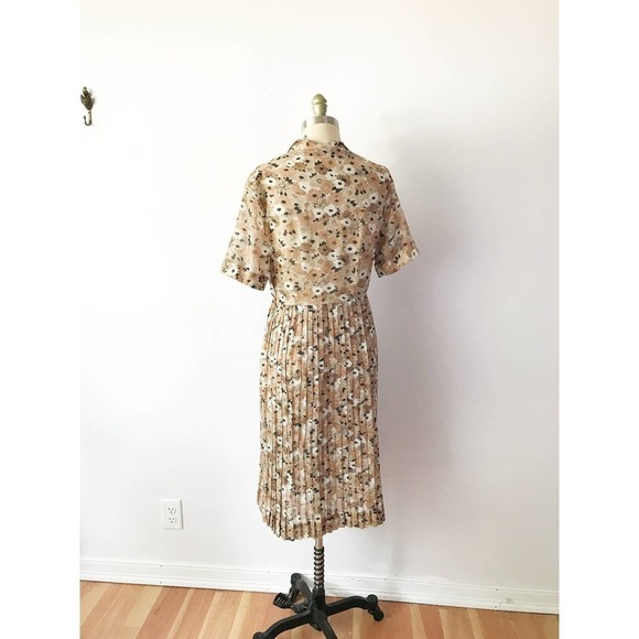 40s Brown Autumn Floral Dress A Line Sheer Daisy - Picture 9 of 10